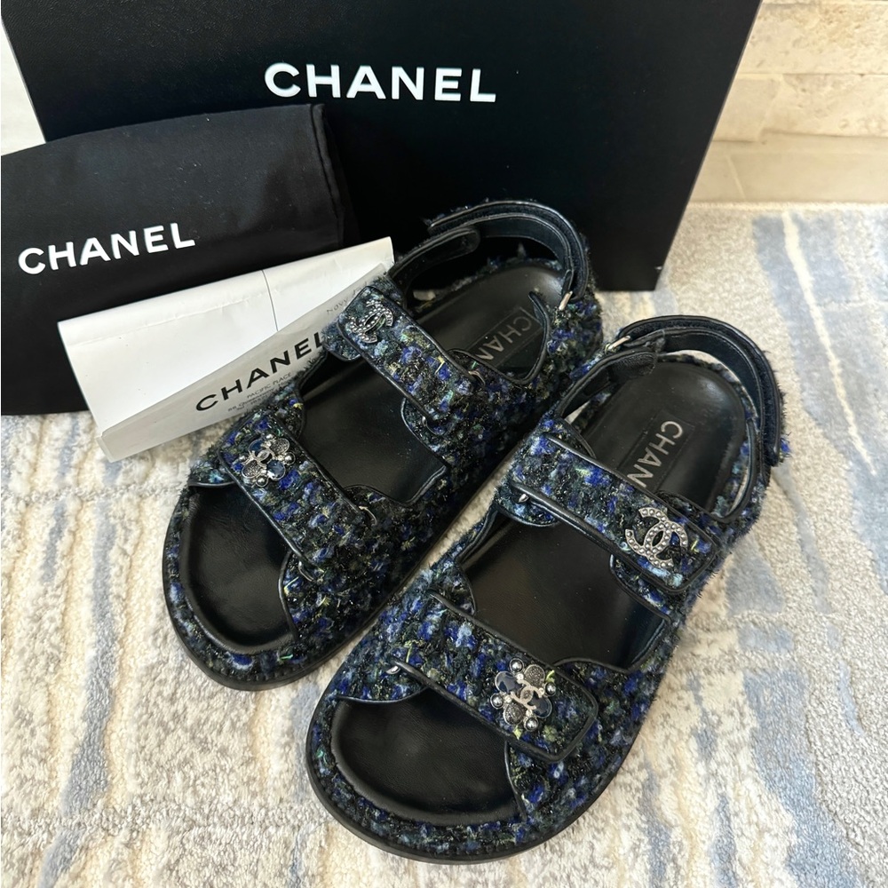 Chanel Black Navy Tweed Dad Sandals with Embellished Interlocking CC Logo